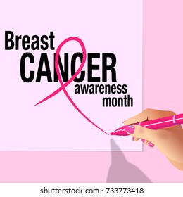 Woman hand holding a red pen to mark a cross word cancer; Breast Cancer Awareness Month symbol. Vector illustration.
International health campaign for woman in October.