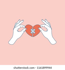 Woman hand holding repaired broken heart. Fixed broken heart. Vector illustration