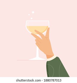 Woman hand holding retro glass with sparkling wine, prosecco or champagne. Vector illustration