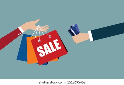 Woman hand holding shopping bags for mid year sale,flat vector design
