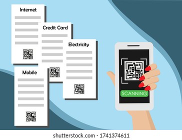 Woman hand holding smart phone scanning qrcode make payment on monthly bills. Vector Illustration. Idea for internet banking