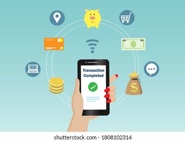 Woman Hand Holding Smart Phone Doing Financial Transactions With Graphical User Interface Icons On Credit Card Payment, Saving Money Solution And Digital Online Technology Contents