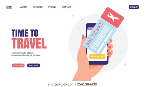 Woman Hand Holding Smartphone with air ticket and button buy now. Online Shopping concept. Flat design, cartoon style. Vector. Travelling concept website, web page design.