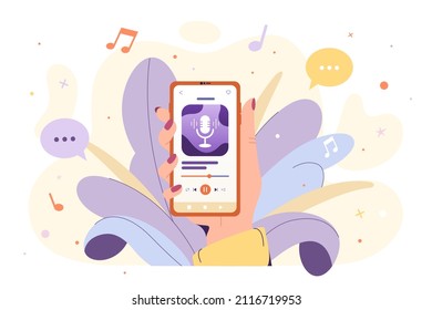 Woman hand holding smartphone with app for listening to music, radio and podcasts. Mobile media application with online study courses. Audio interface on digital device screen flat vector ilustration.