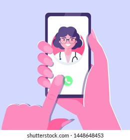 Woman Hand holding smartphone with female therapist on call and an online consultation. Vector flat illustration. Ask doctor. Online medical advise or consultation service, tele medicine 