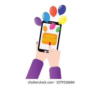 Woman hand holding smartphone with Happy Birthday button and balloons flying