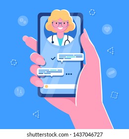 Woman Hand holding smartphone with male therapist on chat in messenger and an online consultation. Vector flat illustration. Ask doctor. Online medical advise or consultation service, tele medicine 