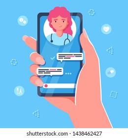 Woman Hand holding smartphone with male therapist on chat in messenger and an online consultation. Vector flat illustration. Ask doctor. Online medical advise or consultation service, tele medicine 