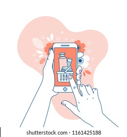 Woman Hand Holding Smartphone. Online Shopping. Cosmetics Illustrations. Vector Illustration