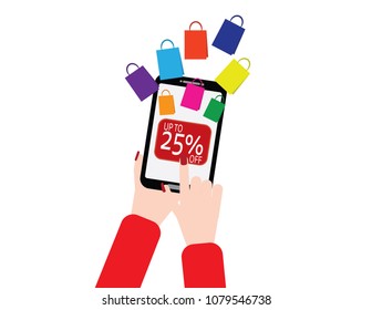 Woman hand holding smartphone with shopping bags and up to 25 percent off button