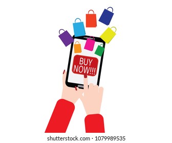 Woman hand holding smartphone with shopping bags and Buy now button