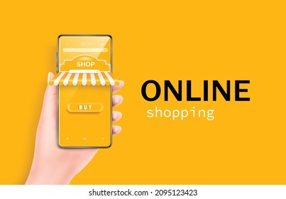 woman hand holding smartphone store on yellow background for dilvery and online shopping concept design,vector 3d isolated for promotion advertising design