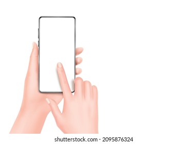 Woman hand is holding the smartphone and is touching the screen that is blank and all object on white background,vector 3d virtual isolated for presentation design