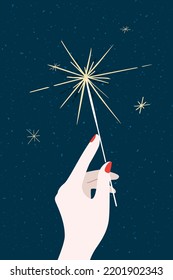 Woman hand holding sparkler, minimalist vector festive holidays illustration poster, greeting card design at blue background