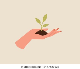 A woman hand holding sprout. Plant a tree. Hand giving a plant. Earth day. Environment. Vector illustration cartoon flat style