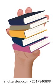 La mano de la mujer está sosteniendo una pila de libros, aislados sobre fondo blanco