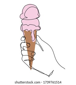 Woman hand holding strawberry ice cream cone isolated vector graphics line art sketch