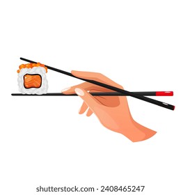 Woman hand holding sushi with chopsticks