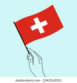 
Woman hand holding switzerland flag in her hand with line art style. Swiss Flag. Vector Illustration