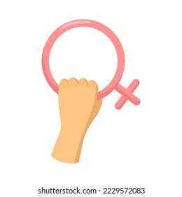Woman hand holding symbol of femininity flat sticker for web design. Cartoon badge for female support and solidarity isolated vector illustration