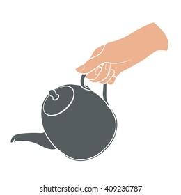 Woman hand holding teapot icon. Kitchen tools. Cooking hand  symbol isolated on white background.