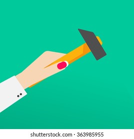 Woman hand holding wooden hammer vector illustration, business lady with pink french manicure nails working emblem, feminism sign, worker, cartoon flat style modern design isolated on green background