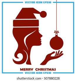 Woman hand holding xmas ball icon vector EPS 10, abstract sign head, face  flat style,  illustration modern isolated badge girl and Christmas toy website or app - stock info graphics