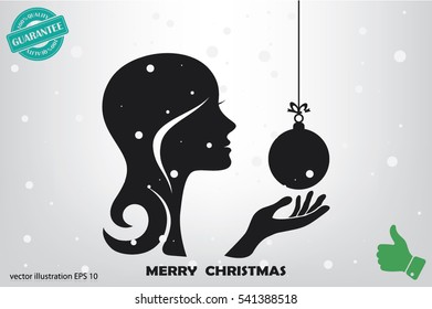 Woman hand holding xmas ball icon vector EPS 10, abstract sign head, face  flat style,  illustration modern isolated badge girl and Christmas toy website or app - stock info graphics.