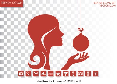 Woman hand holding xmas ball icon vector EPS 10, abstract sign head, face  flat style,  illustration modern isolated badge girl and Christmas toy website or app - stock info graphics