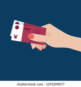 Woman Hand Holding Yuan Banknotes. Money in Hand isolated. Vector Illustration, Flat Design Style. Giving Money. Spending Money