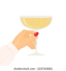 woman hand holds champagne glass, cheers, party, celebration of New Year's Eve- vector illustration