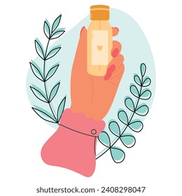 Woman hand holds cosmetic bottle with shower gel. Cream lotion for hygiene care routine. Vector
