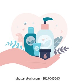 Woman hand holds different organic cosmetics. Various bottles and tubes of eco-friendly beauty products. Creams and lotions for skin care. Environmental protection and ecology.Flat vector illustration