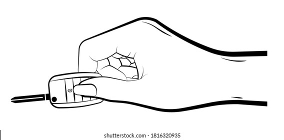 woman hand holds a folding car key  with remote control. Car alarm, key fob. black and white vector