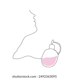 Woman hand holds perfume line concept. Cologne and fragnance, scent. Cosmetic products for girls. Beauty, aesthetics and elegance. Advertising and marketing. Linear flat vector illustration