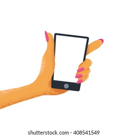 Woman hand holds a phone with with empty screen. Cartoon vector illustration isolated on while background.
