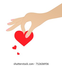 Woman hand holds red heart on white background. EPS10 vector illustration for design element, card, poster, banner, template. Human hand picks up hearts. 