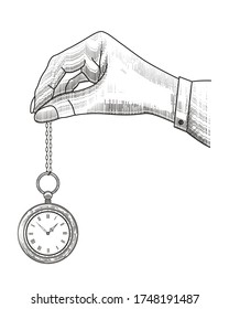 Woman hand holds retro pocket watch. Vector Illustration in engraved vintage style