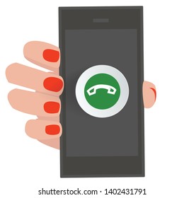 woman hand holds smartphone with call icon on white background 