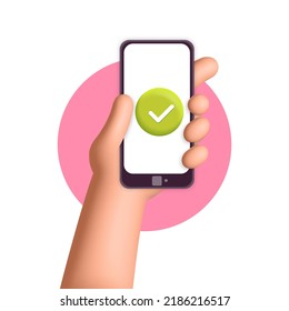 Woman Hand Holds Smartphone With Green Check Mark Mobile Application 3d Vector Design Illustration. Successful Business Plan Tasks. To Do List, Time And Task Management, Done, Complete.