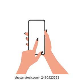 A woman hand holds a smartphone. Phone with a blank screen in a flat style on a white background. Vector