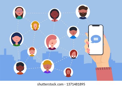 woman hand holds the smartphone and send message to friends network. Social connection internet. Flat vector illustration.