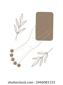 Woman hand holds of Tarot cards brown pastel color. The concept of fortune telling, witchcraft, fate, card game. Vector illustration isolated on white background.