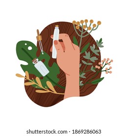 Woman hand holdsing organic cosmetics glass bottle. Various serum tubes of eco-friendly beauty products for skin care. Environmental protection and ecology. Flat vector illustration.