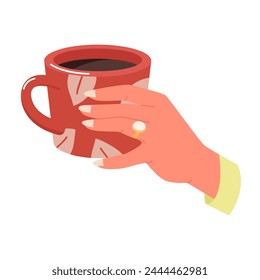 Mano de mujer con taza de bebida caliente. Bebida caliente, café caliente o té Ilustración vectorial de dibujos animados