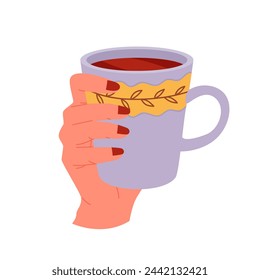 Woman hand with hot drink. Warm beverage, hot coffee or tea cartoon vector illustration