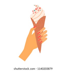 Woman hand with ice cream in cone. Cartoon image. Vector illustration isolated on white.
