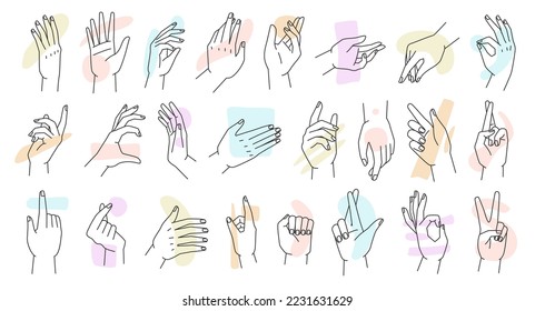 Woman hand icon collection line. Vector Illustration different gestures of abstract elegant female hands. Lineart in trendy minimalist style set. Body nonverbal language, communication by arms