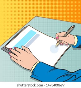 Woman hand illustrations sign contract.
Retro pop art comic vector.