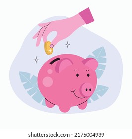 Woman hand investing a coin into a piggy bank. Saving and investing money concept. Vector flat style illustration